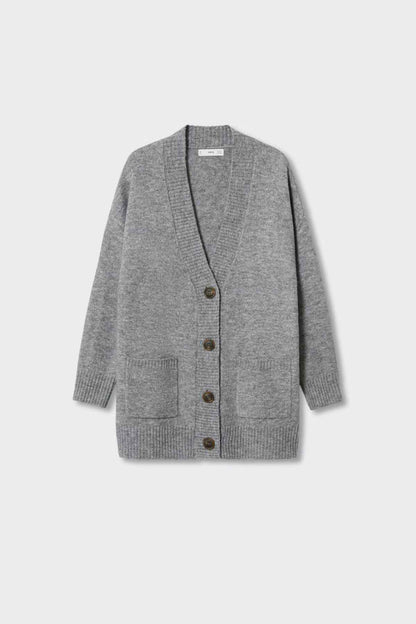 Grey knit cardigan sweater with shawl collar, three brown buttons, side pockets