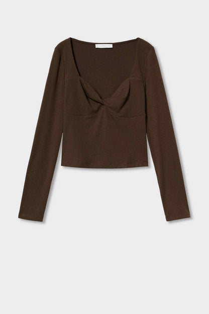 MANGO brown long-sleeve knit top with draped V-neck, flat lay