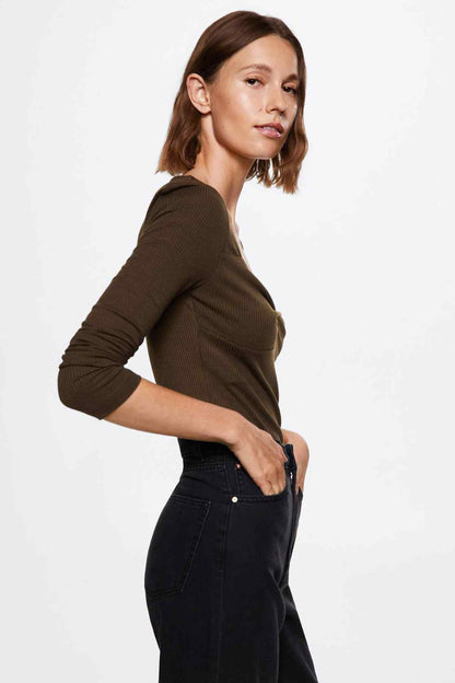 MANGO brown long-sleeve knit top with side drape and fitted sleeves