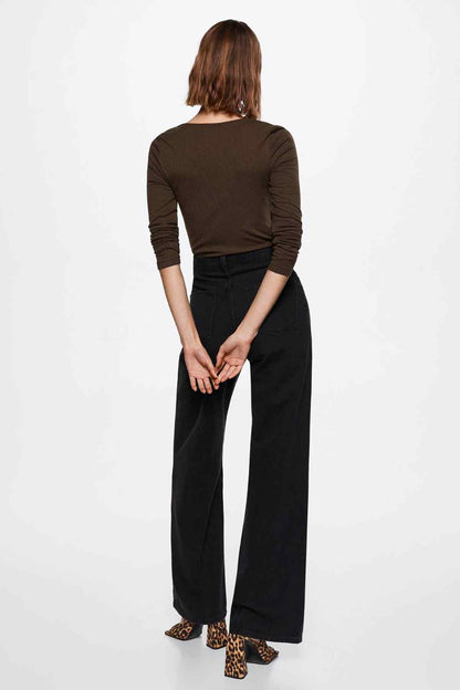 MANGO brown long-sleeve knit top, scoop back, fitted waist