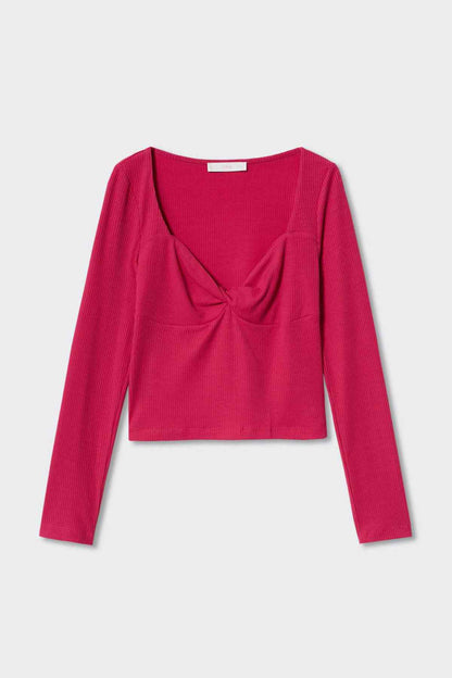 Fuchsia long-sleeve knit top with V-neck twist front