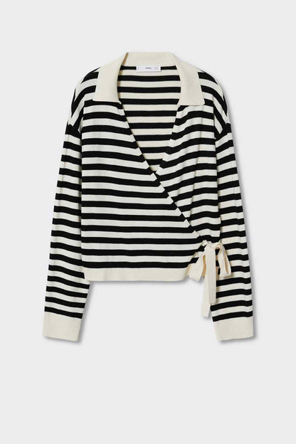 Black-and-white striped V-neck wrap top with long sleeves and waist tie