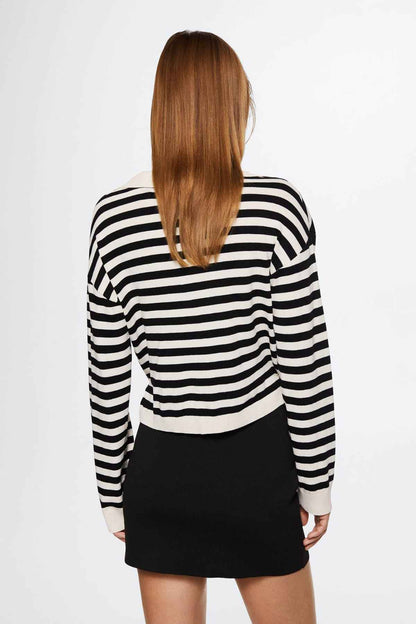 Black-and-white striped long-sleeve top with V-back and waist tie detail
