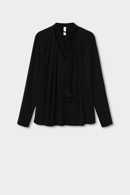 Black blouse top with choker tie, long sleeves, and keyhole V front