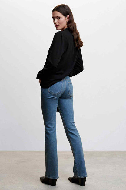 Black long-sleeve blouse with choker neck and V keyhole front