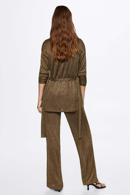 Brown textured wide-leg trousers with longline straight cut and tied belt at waist
