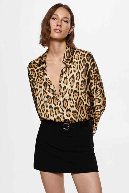 Leopard-print button-up blouse with V neckline and long sleeves, black buttons