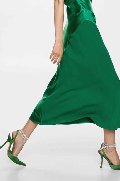 Green satin midi slip dress with flowing hem and side drape