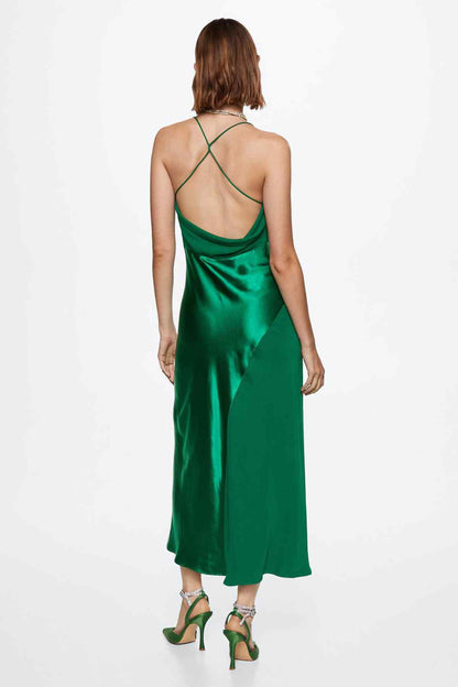 Green satin slip dress, open-back with crisscross halter straps