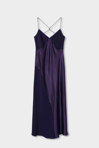 MANGO purple satin slip dress, V-neck straps and midi length (flat lay)