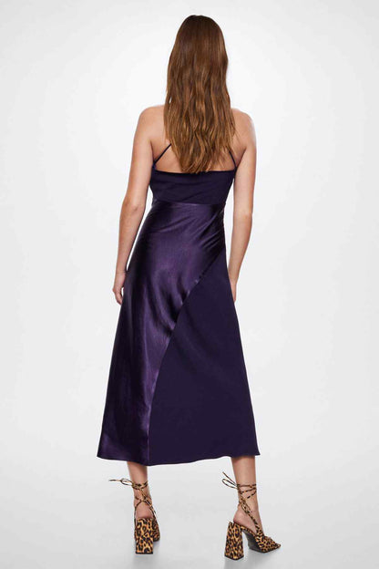 MANGO purple satin slip dress with crisscross back straps and midi length