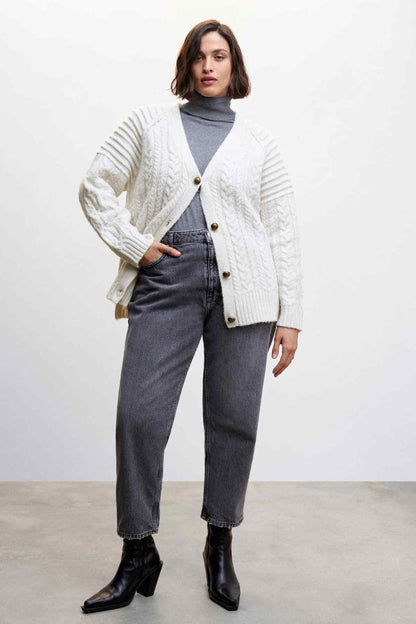 Ecru cardigan with shawl collar, button closure, and ribbed cable knit texture