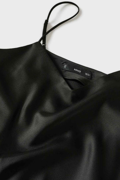 MANGO black satin camisole top fabric close-up with neck label