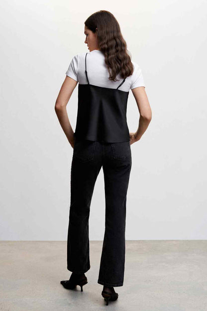 MANGO black satin camisole top, open-back style with thin spaghetti straps