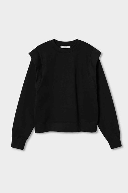 Black crewneck sweatshirt pullover with long sleeves and ribbed hem