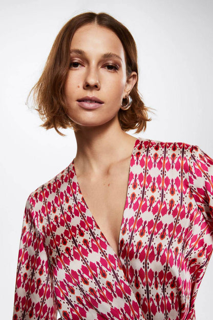 Fuchsia printed V-neck wrap dress with long sleeves and soft neckline gathers