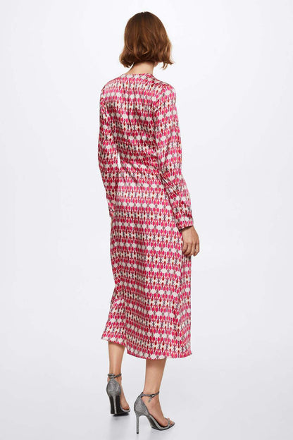 Fuchsia printed wrap midi dress shown from back, long sleeves, and waist tie