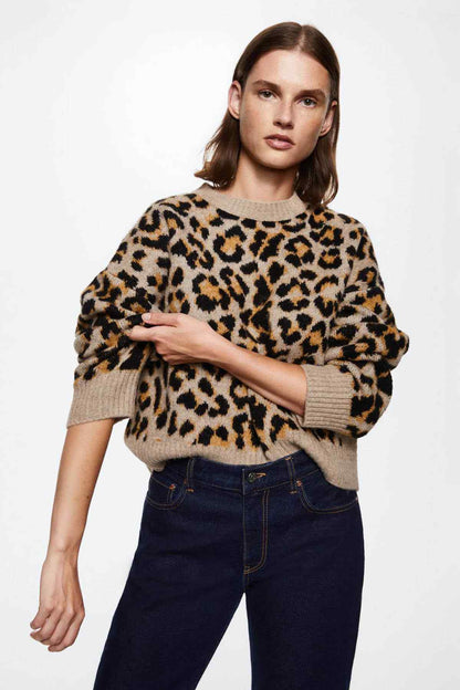 Leopard-print knit sweater with ribbed crew neck and tan cuff trim