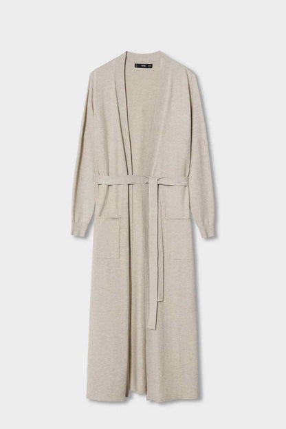 Light pastel grey long belted cardigan, open front with defined pockets and sleeves