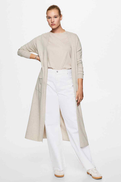 Light pastel grey long cardigan with tie waist and open front over white jeans