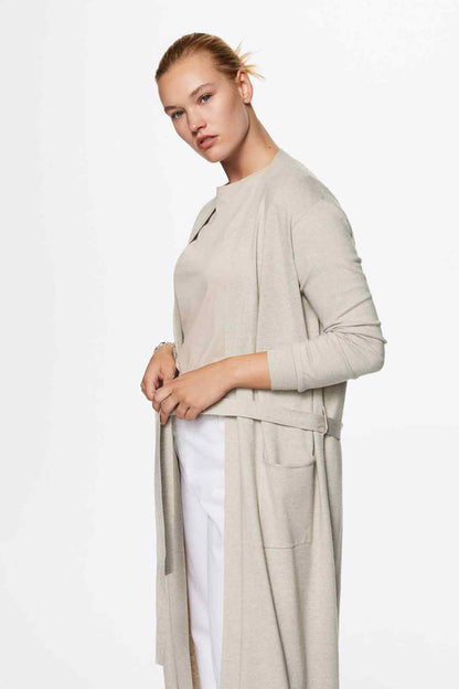 Light pastel grey long cardigan with open front and belt detail, side view