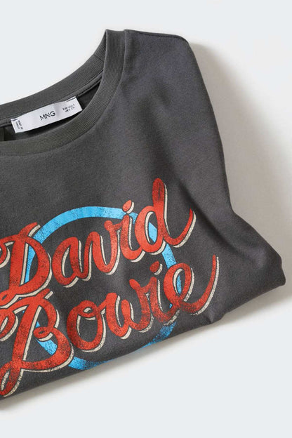 Charcoal T-shirt close-up with multicolor 'David Bowie' and '1978 World Tour' graphic.