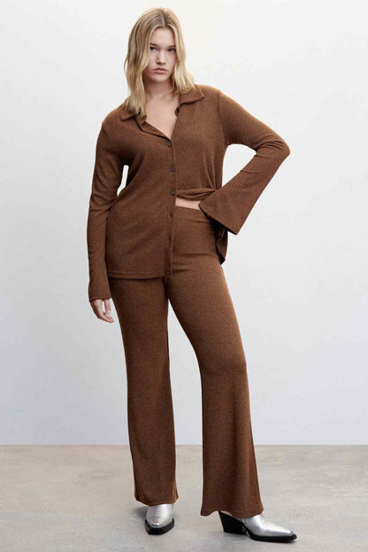 Brown knit blazer and wide-leg trousers set, front view with button detailing