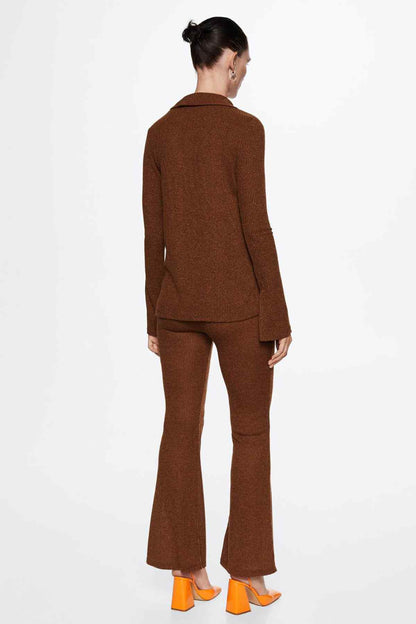 Brown knit blazer and wide-leg trousers set, back view