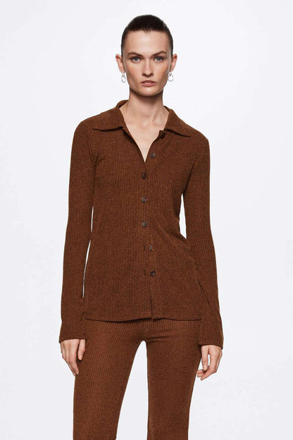 Brown knit blazer and wide-leg trousers set, button front, long sleeves