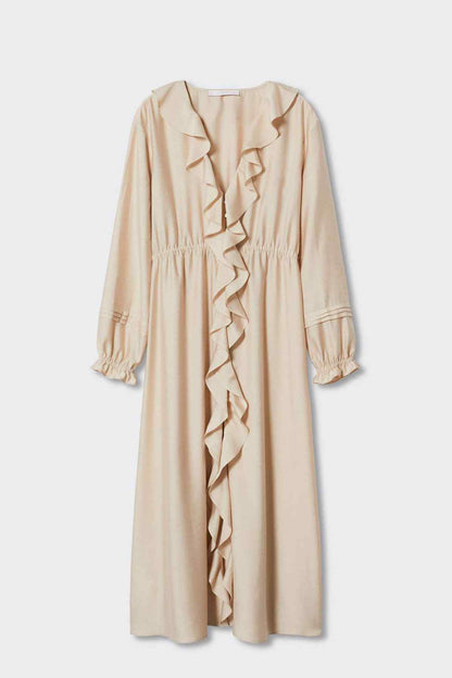 MANGO ecru midi dress on hanger with ruffled front, long sleeves, and gathered waist