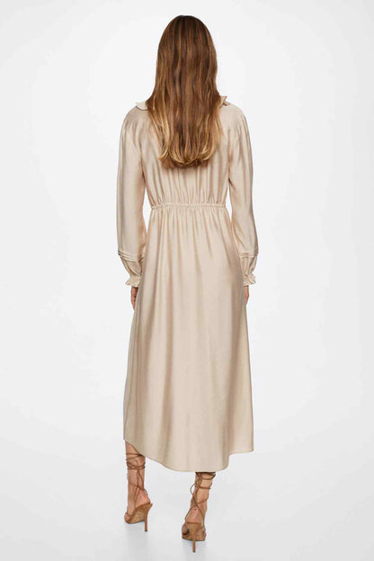 MANGO ecru midi dress from back view with long sleeves and gathered waist