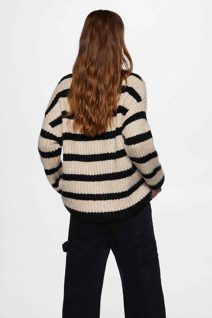 Striped knit cardigan sweater in black and sand, back view, long sleeves, button front