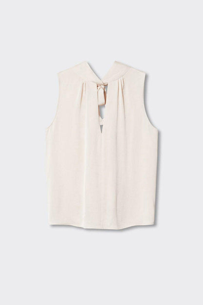Ecru sleeveless blouse laid flat with keyhole neck and tie