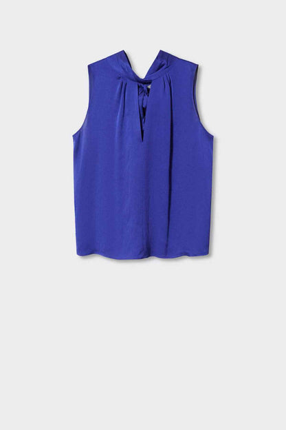 Blue sleeveless blouse on hanger with keyhole neck and tie bow