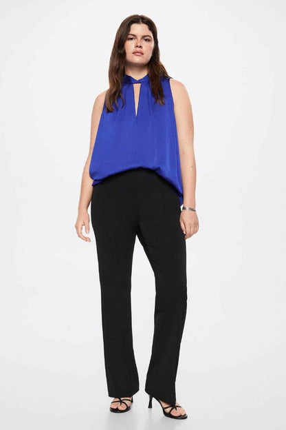 Blue sleeveless blouse with keyhole neckline and neck tie
