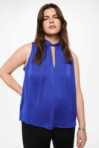 Blue sleeveless blouse with keyhole neckline and loose fit