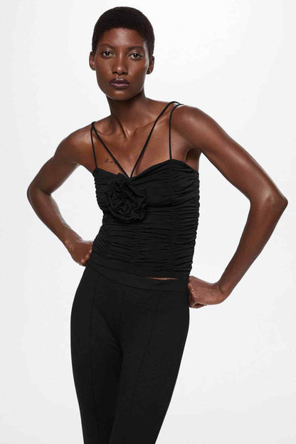 Mango black ruched camisole top with spaghetti straps and rosette detail