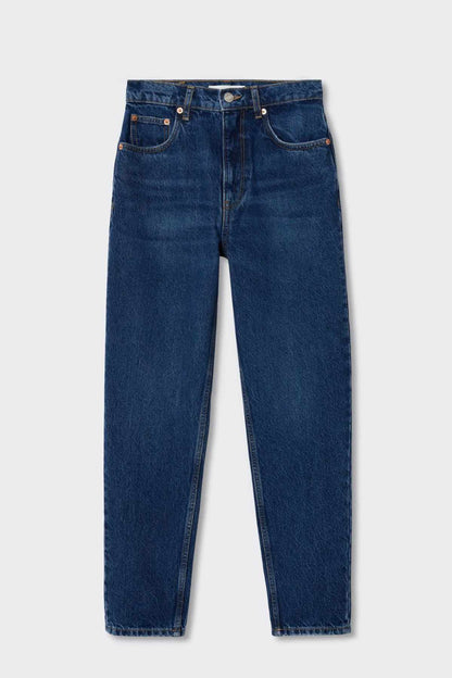Dark blue denim jeans front, featuring belt loops, pockets, and button closure.