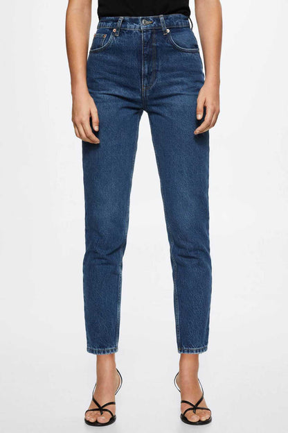 Dark blue denim jeans with button fly, belt loops, and cuffed ankle hem.