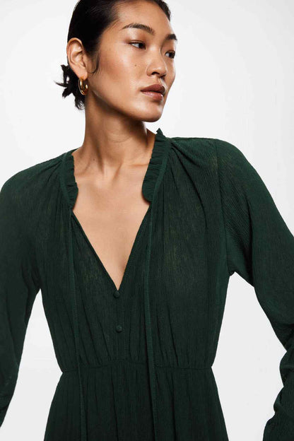 Dark green long-sleeve V-neck mini dress with button front and gathered waist