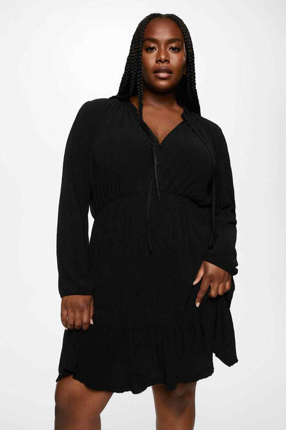 Black drawstring hood V-neck long-sleeve mini dress with tiered skirt