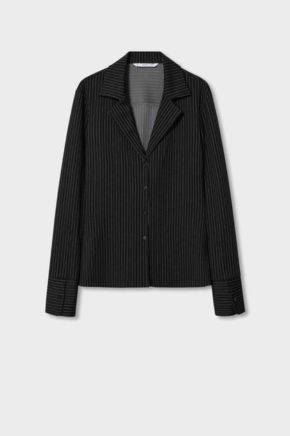 Black pinstripe blazer on hanger with notched lapels and button front