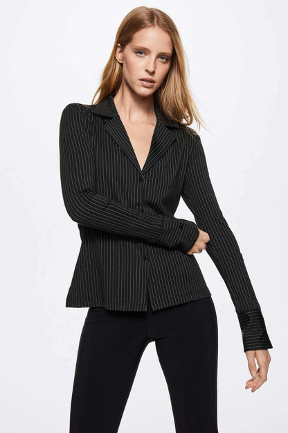 Black pinstripe blazer with notched lapels and button front, long sleeves