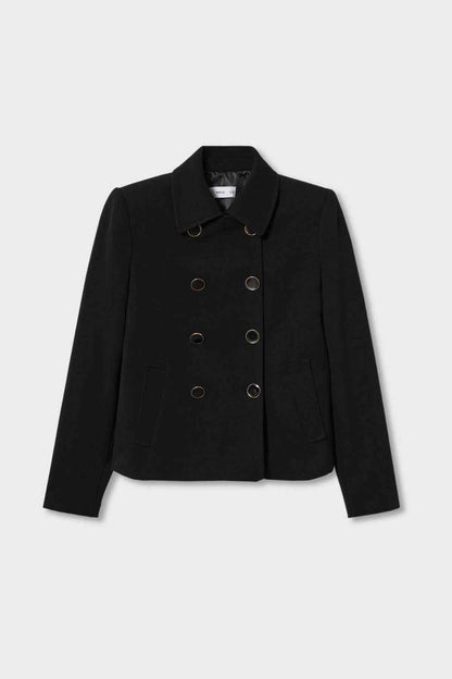 Black double-breasted cropped jacket with notched collar and gold-tone buttons