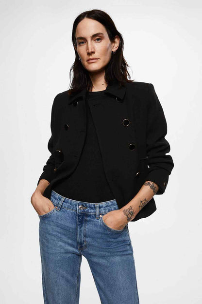 Black double-breasted cropped jacket with notched collar and gold-toned buttons