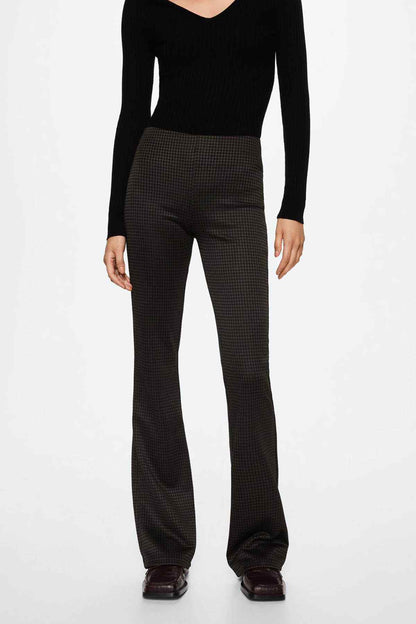 Brown check-pattern flared pants with wide straight legs