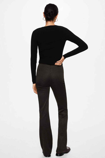 Brown check-pattern pants, back view, flared wide-leg silhouette