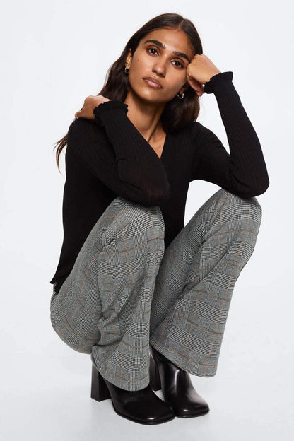 MANGO grey plaid wide-leg trousers, front pleat and orange grid pattern