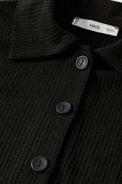 Black ribbed knit button-up jacket close-up of buttons and MANGO neck label