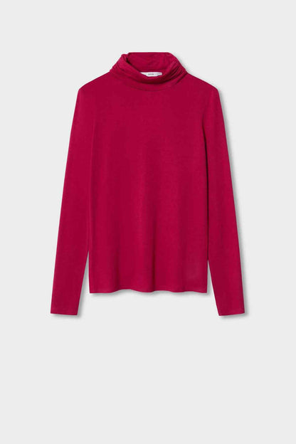 Women's long-sleeve turtleneck top, strawberry magenta, flat lay